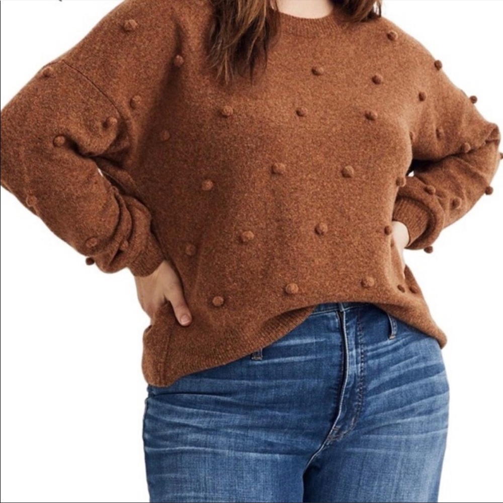 Madewell Brockton Bobble Pom Pom Sweater in Heather Cider Brown, Size Medium
